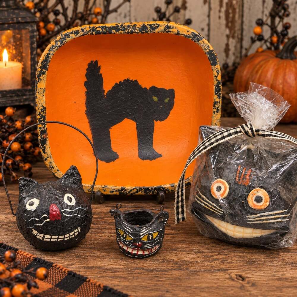 Primitive Handmade Folk Art Halloween Black Cat Bowl Bucket + Candle Lot Vtg